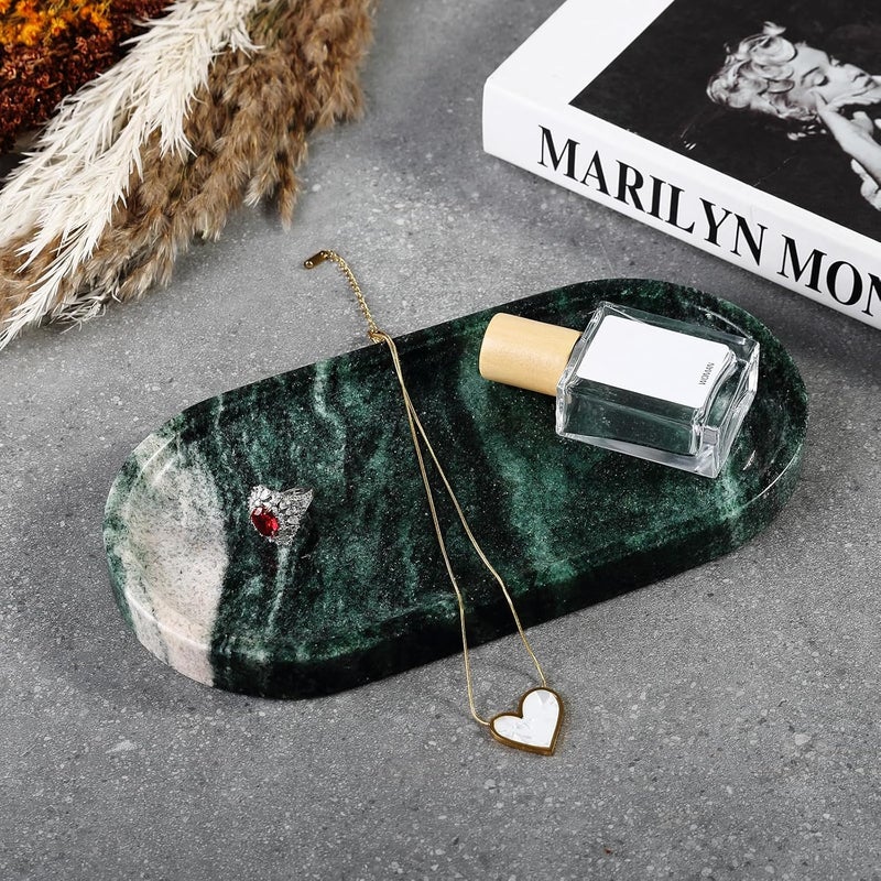 Koville Green Marble Tray for Bathroom Countertop, 10"x5" Natural Marble Vanity Tray Perfume Trays for Dresser, Stone Jewelry Dish Candle Holder for Home Decor, Stone Catchall Trays - Image 5